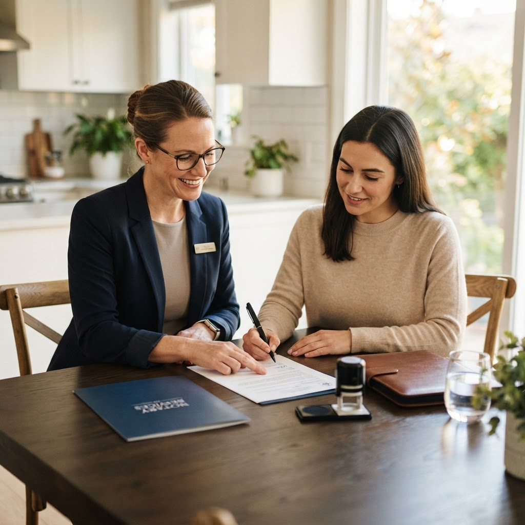 Mobile notary meeting a client at their kitchen table to notarize documents